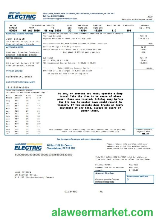 Canada Maritime Electric utility bill template in Word and PDF format